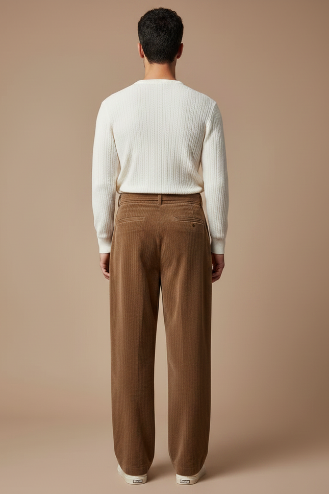 Pantalon Marron Côtelé Ample Décontracté Ceinturé Homme - Cordé - vue 2