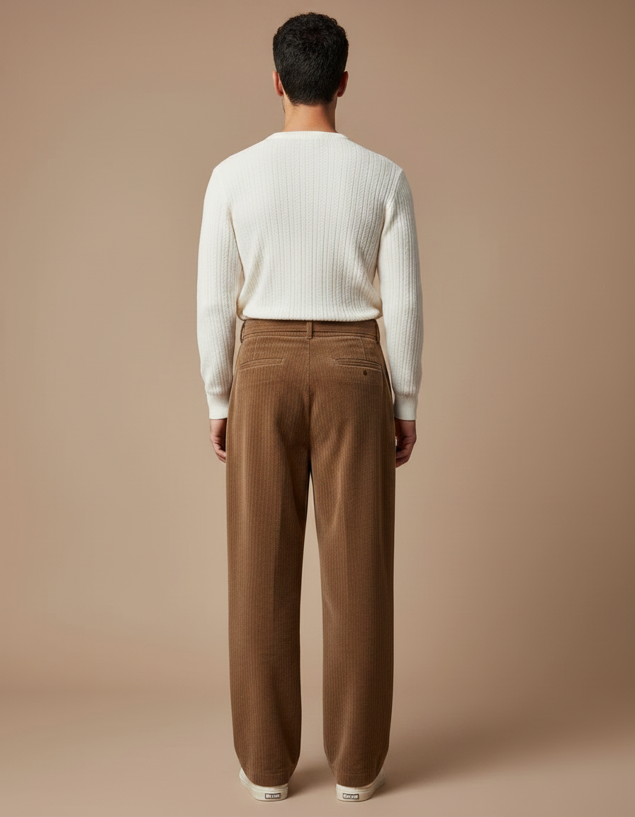 Pantalon Marron Côtelé Ample Décontracté Ceinturé Homme - Cordé - vue 2