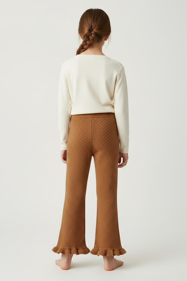 Pantalon Marron Tricoté Évasé Volants Confortable Enfant - Maille - vue 2
