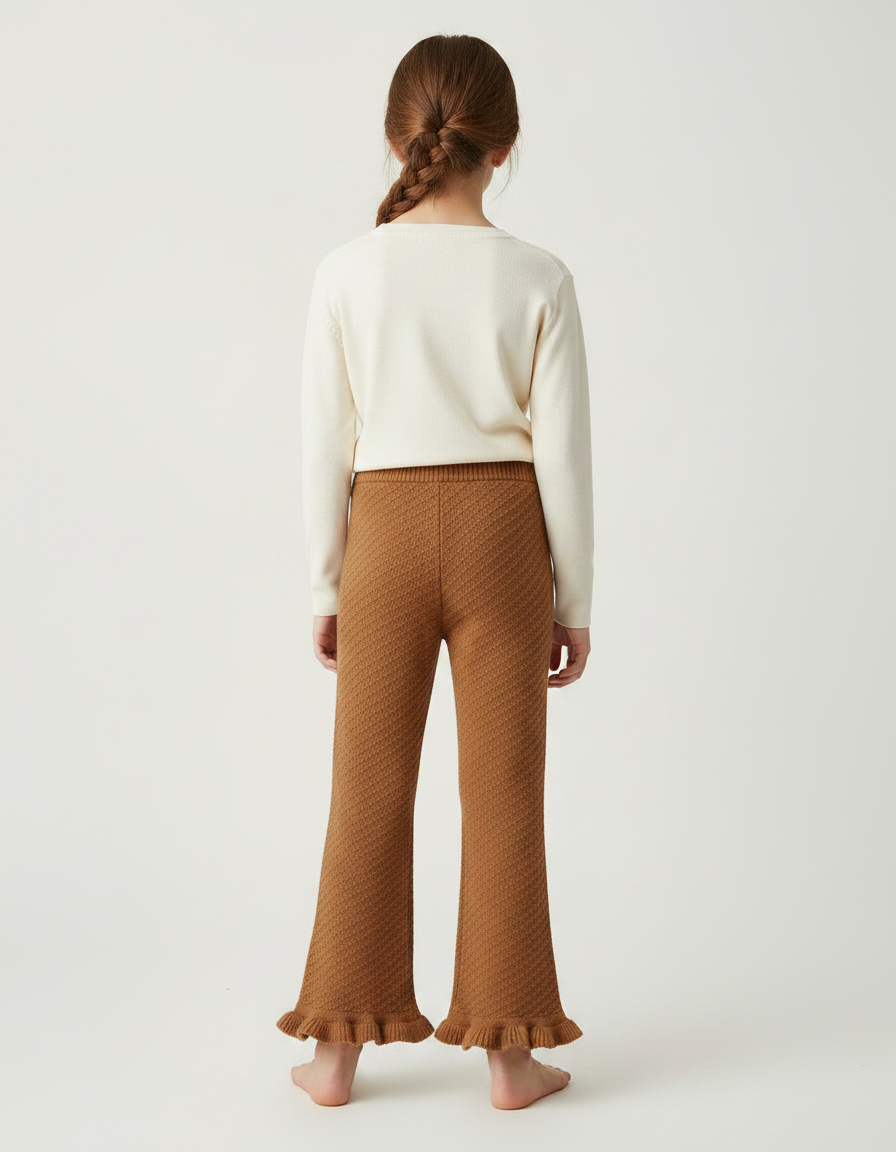 Pantalon Marron Tricoté Évasé Volants Confortable Enfant - Maille - vue 2