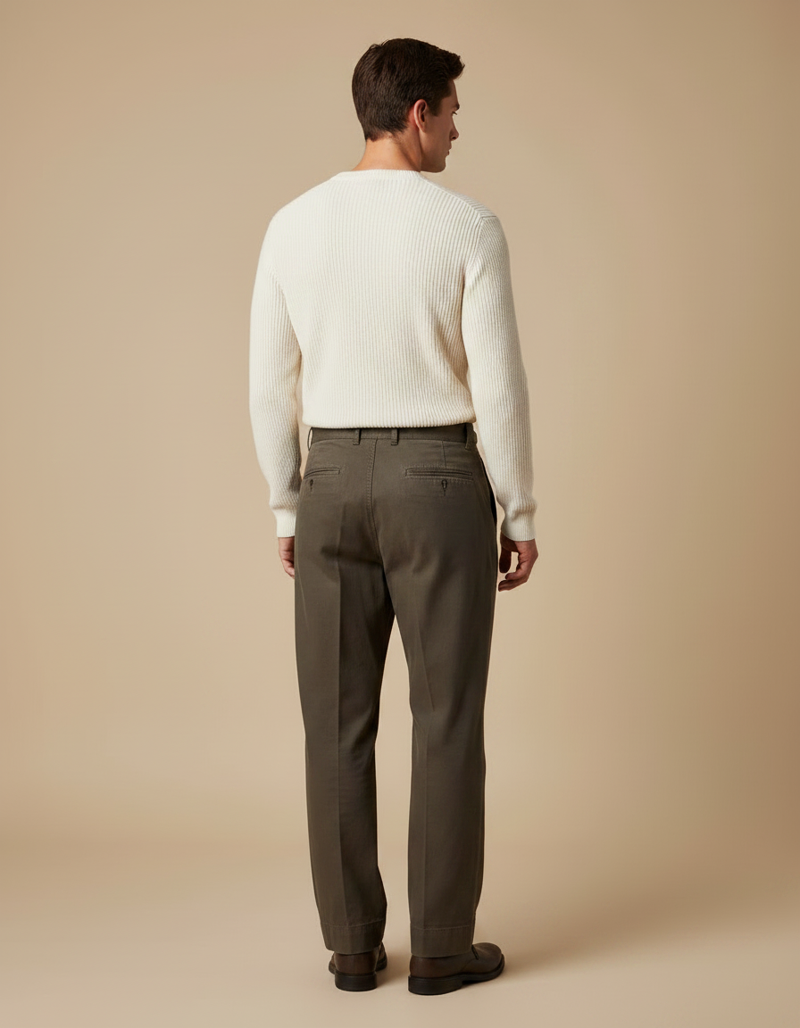 Pantalon Marron Chino Plissé Coton Twill Militaire Décontracté - Kaki Gabardine - vue 2