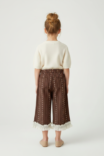 Pantalon Marron Imprimé Évasé Dentelle Fille - Coton - vue 2