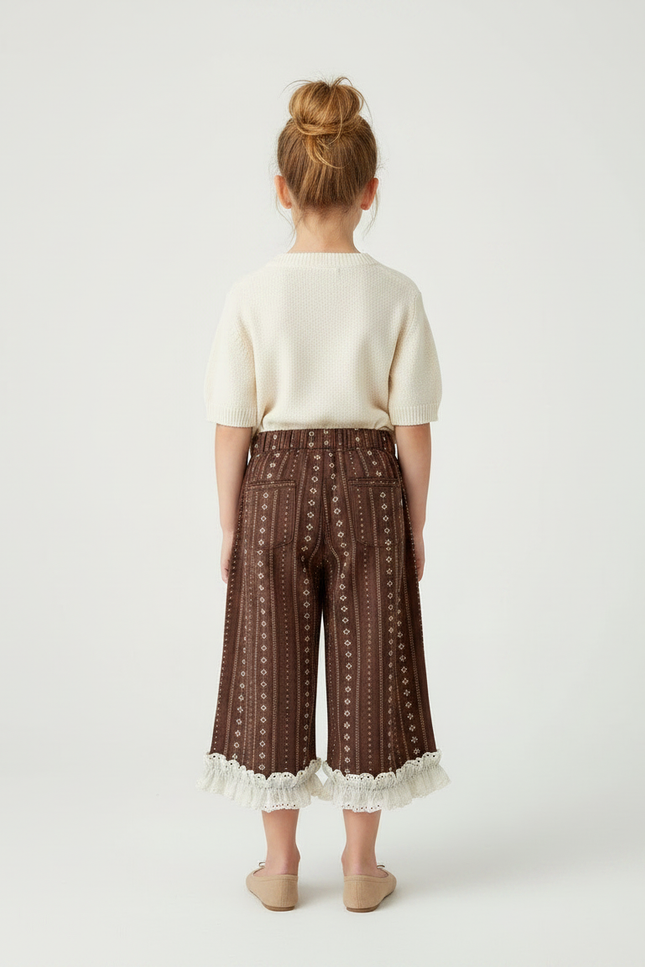 Pantalon Marron Imprimé Évasé Dentelle Fille - Coton - vue 2