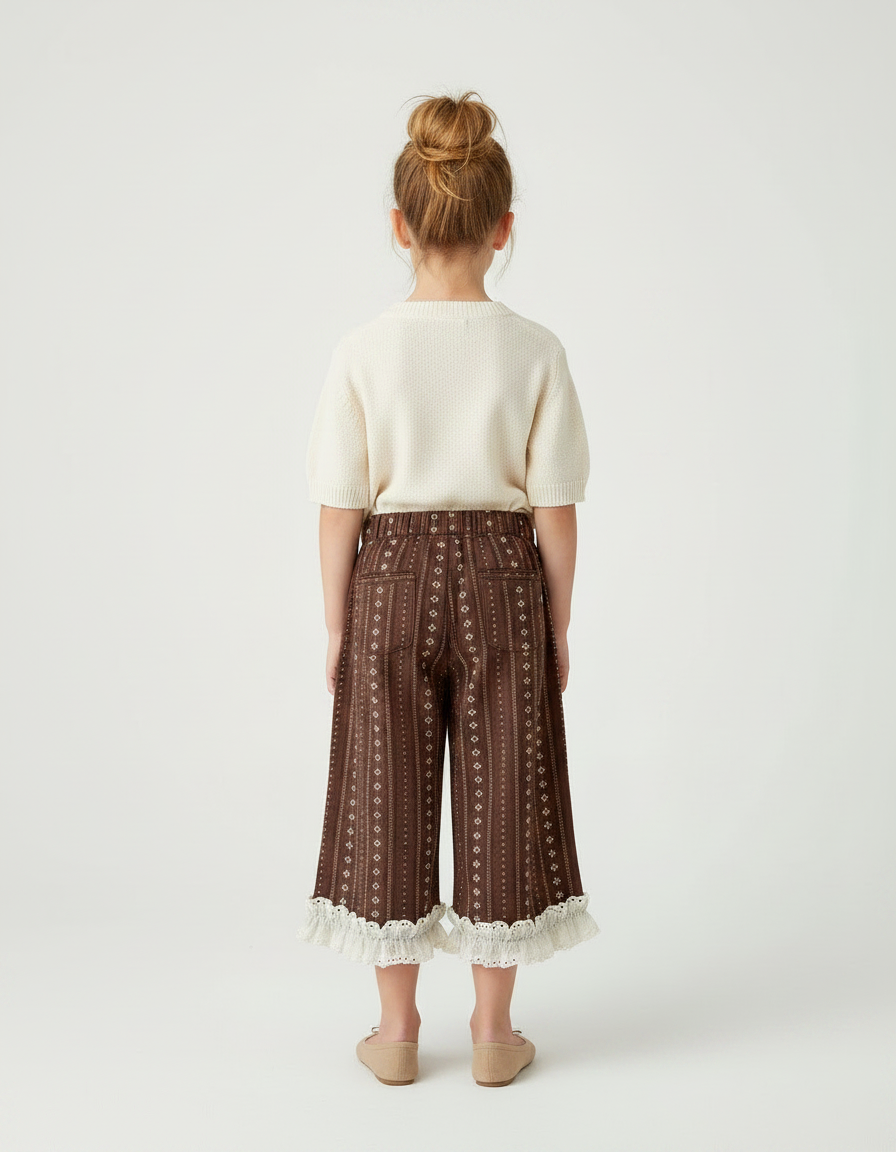 Pantalon Marron Imprimé Évasé Dentelle Fille - Coton - vue 2