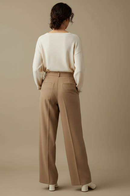 Pantalon Marron Taille Haute Jambe Large Plissé Élégant - Camel Gabardine - vue 2