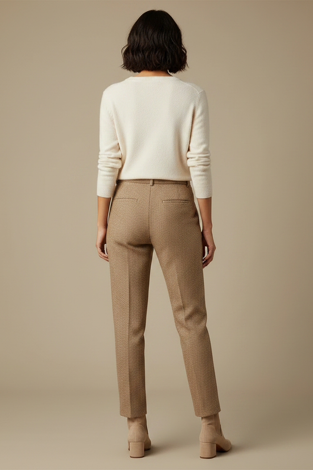 Pantalon Marron Texturé Droit Élégant Décontracté - Camel Tweed - vue 2