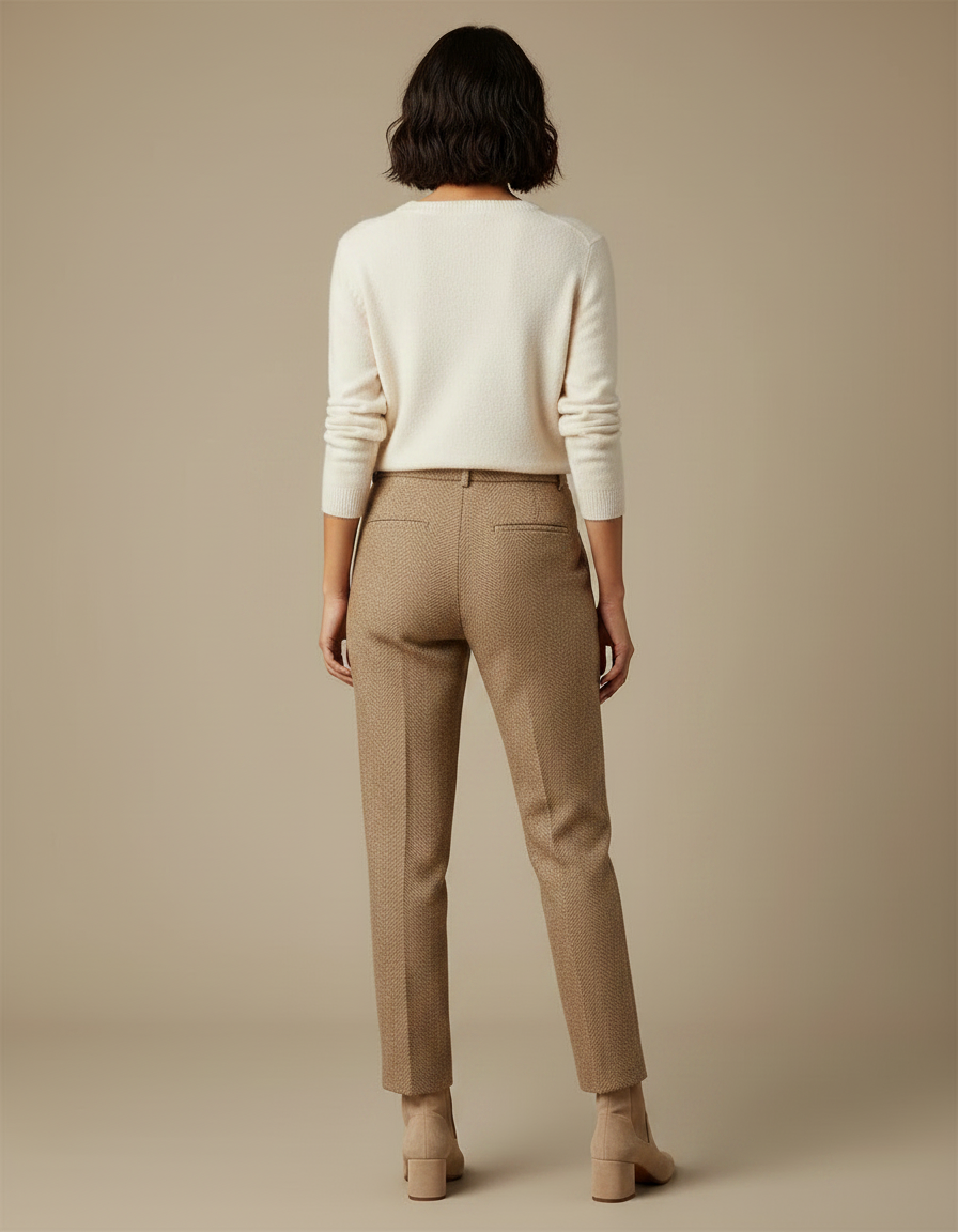 Pantalon Marron Texturé Droit Élégant Décontracté - Camel Tweed - vue 2