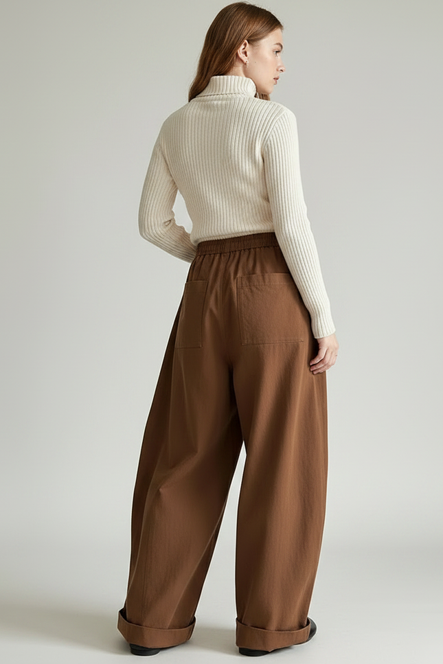 Pantalon Marron Ample Élastique Fluide Plissé Décontracté - Coton - vue 2