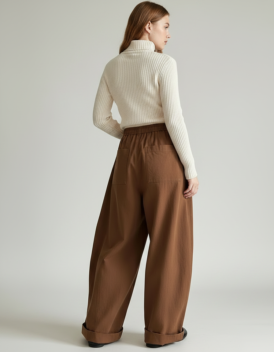 Pantalon Marron Ample Élastique Fluide Plissé Décontracté - Coton - vue 2