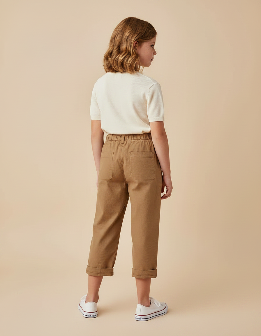 Pantalon Marron Coton Ample Élastique Enfant Décontracté Plié - vue 2
