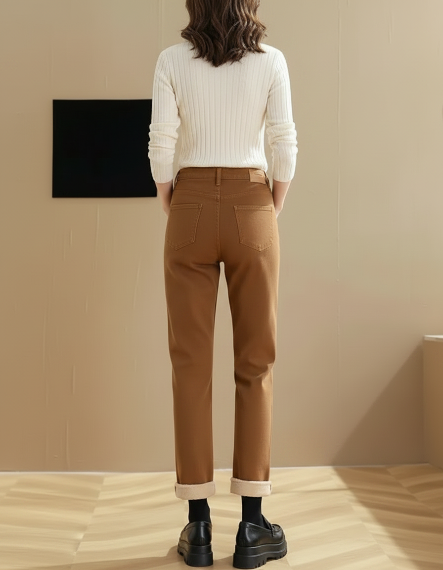 Pantalon Marron Droit Taille Haute Décontracté Velours - vue 2