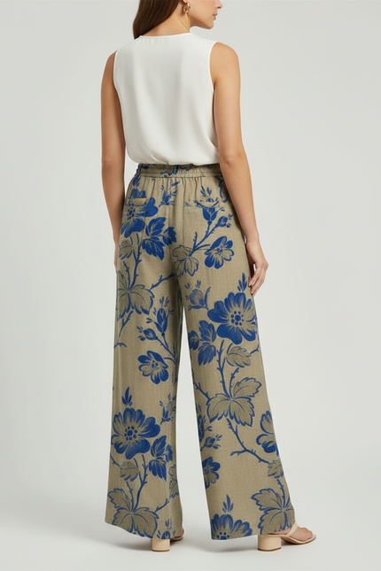 Pantalon Marron Fleuri Ample Fluide Décontracté - Kaki Lin - vue 2