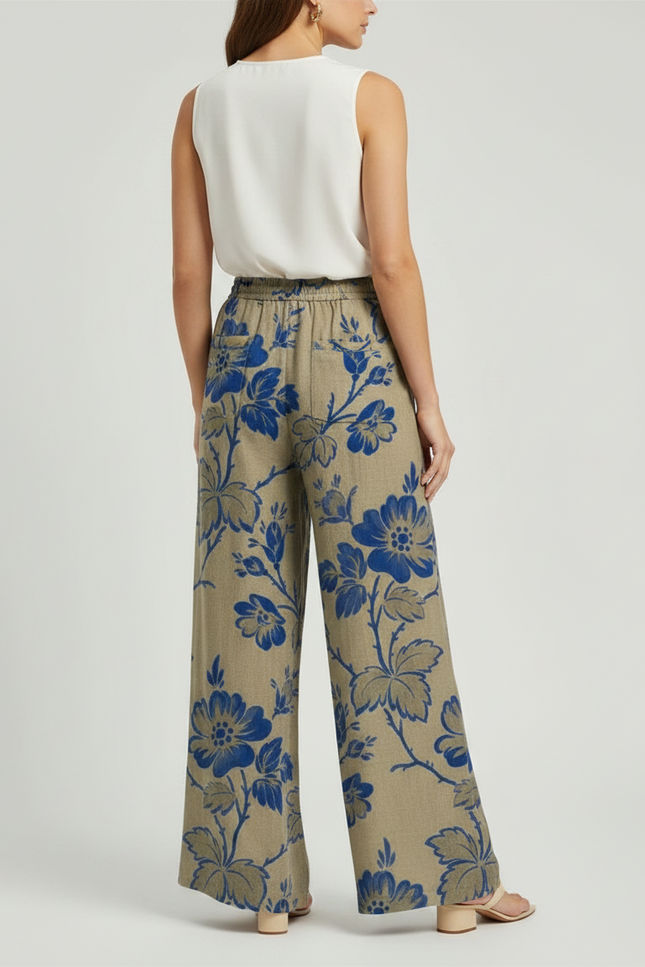 Pantalon Marron Fleuri Ample Fluide Décontracté - Kaki Lin - vue 2