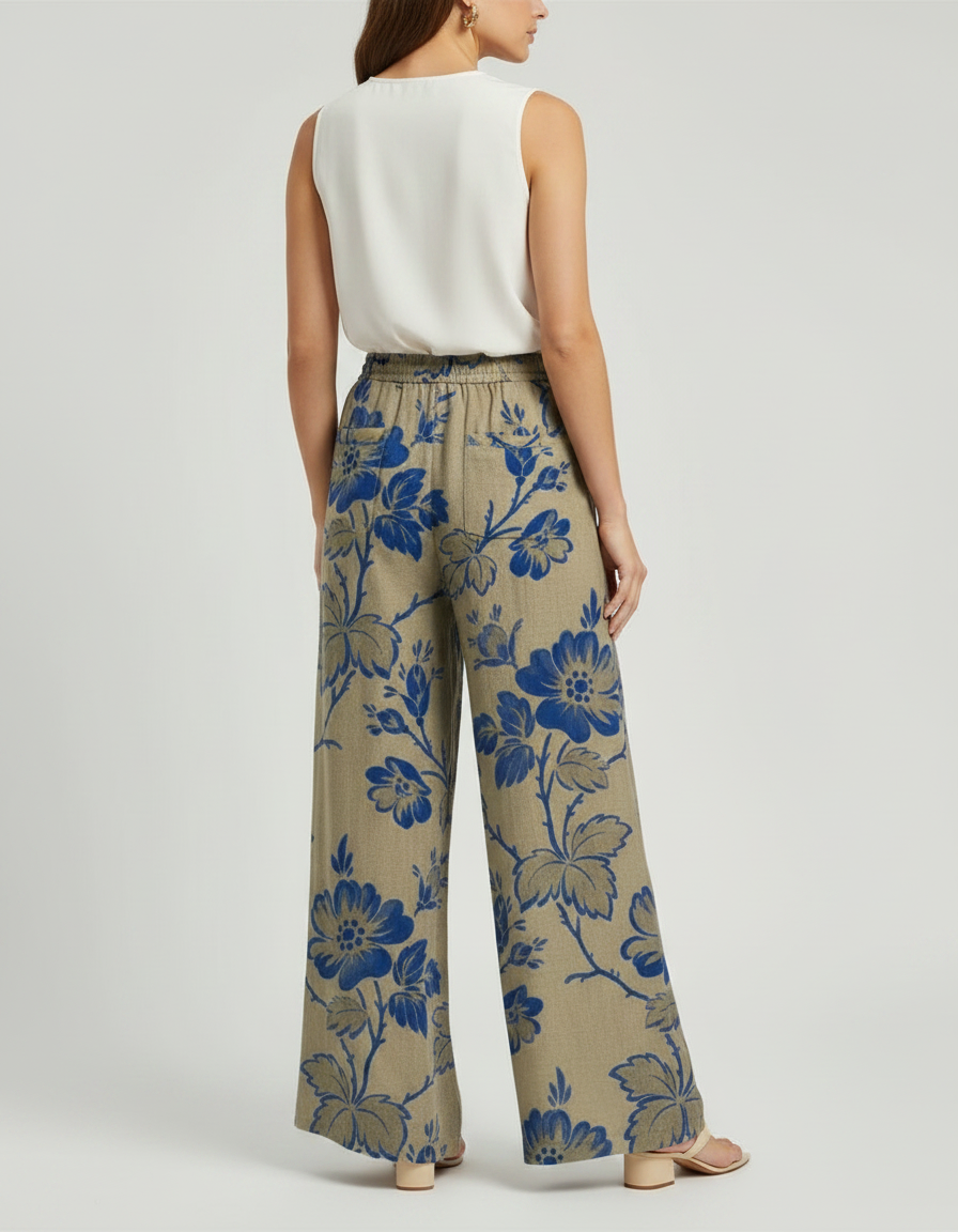 Pantalon Marron Fleuri Ample Fluide Décontracté - Kaki Lin - vue 2