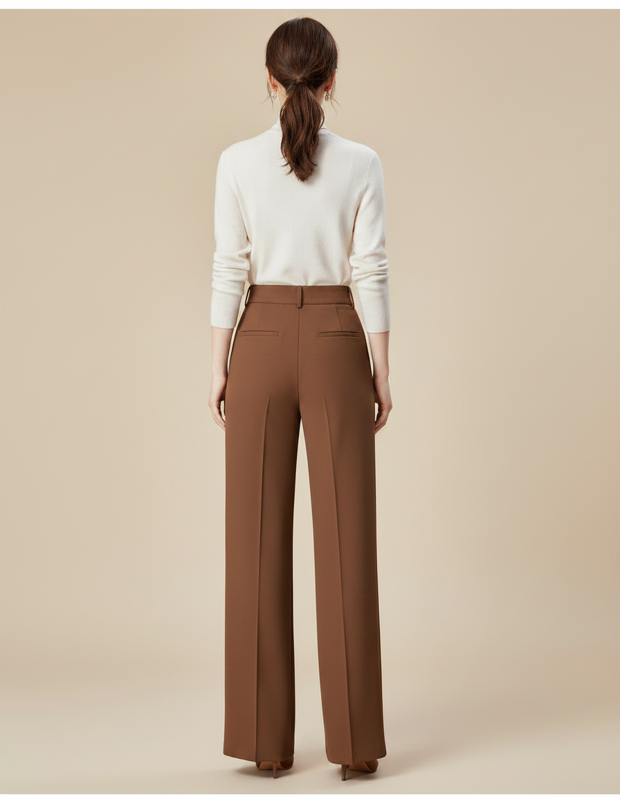 Pantalon Marron Droit Taille Haute Élégant Femme - Gabardine - vue 2