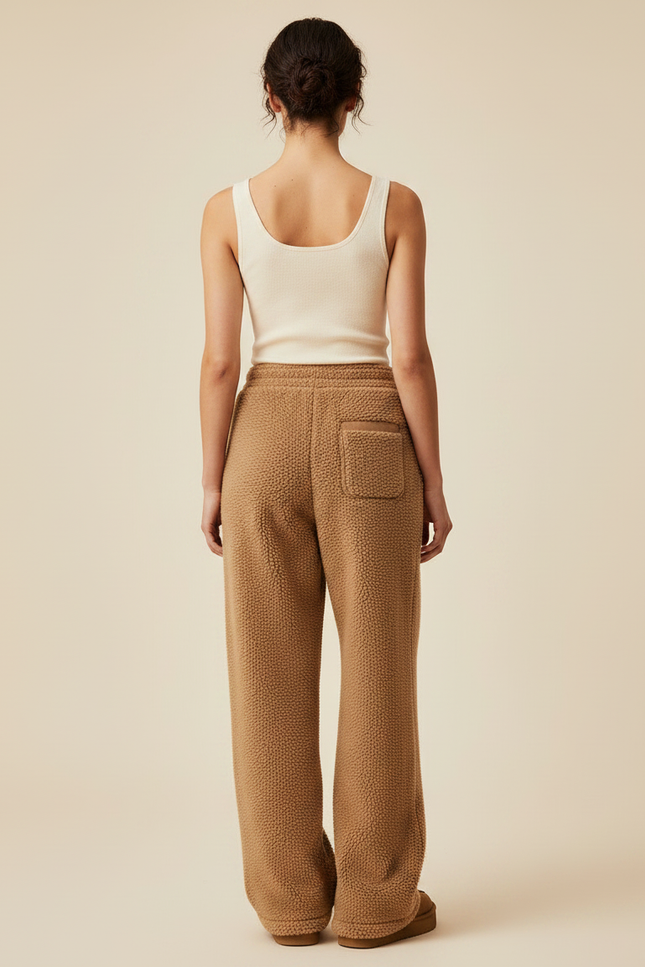 Pantalon Marron Peluche Ample Teddy Brodé Confortable - Molleton - vue 2