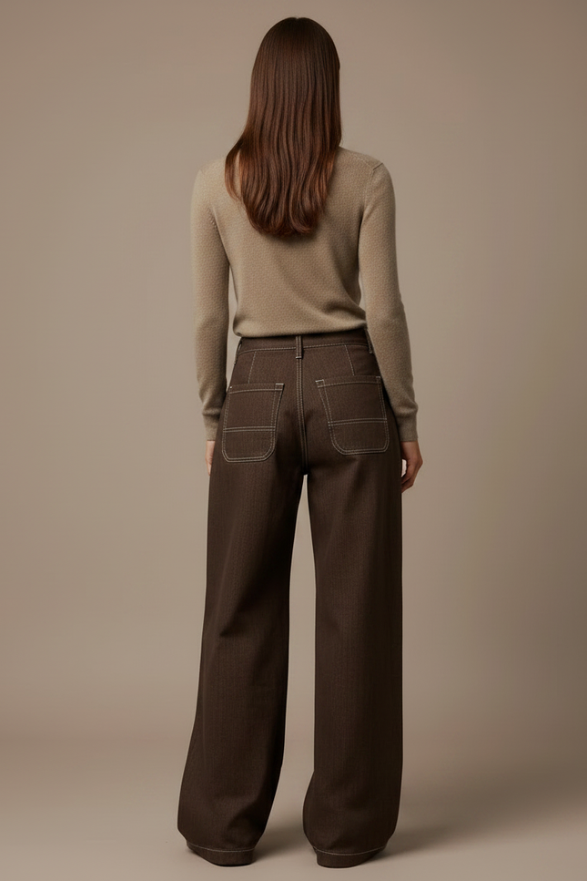 Pantalon Marron Ample, Coton, Taille Haute, Décontracté - Jean - vue 2