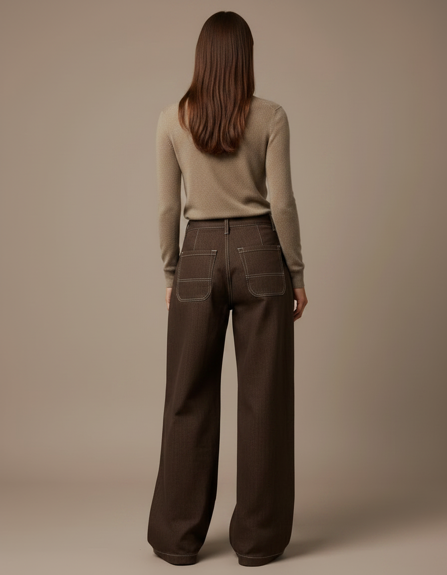 Pantalon Marron Ample, Coton, Taille Haute, Décontracté - Jean - vue 2