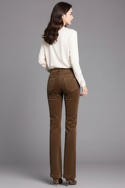Pantalon Marron Côtelé Évasé Chic Femme - Cordé - vue 2