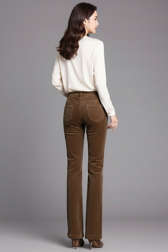 Pantalon Marron Côtelé Évasé Chic Femme - Cordé - vue 2