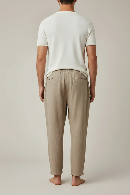 Pantalon Marron Lin Ample Décontracté Cordon Homme - Kaki - vue 2