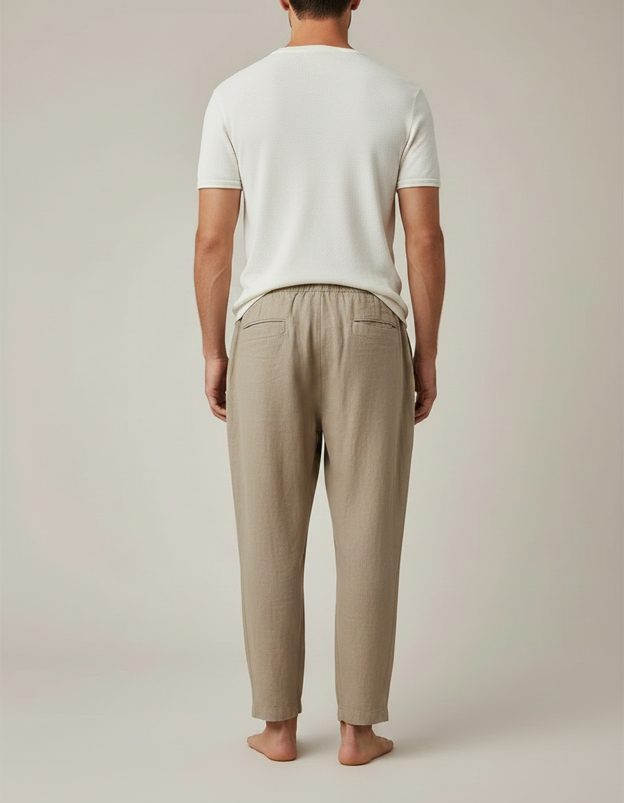 Pantalon Marron Lin Ample Décontracté Cordon Homme - Kaki - vue 2