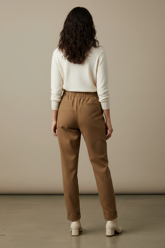 Pantalon Marron Femme Élastique Droit Décontracté Coton - Gabardine - vue 2