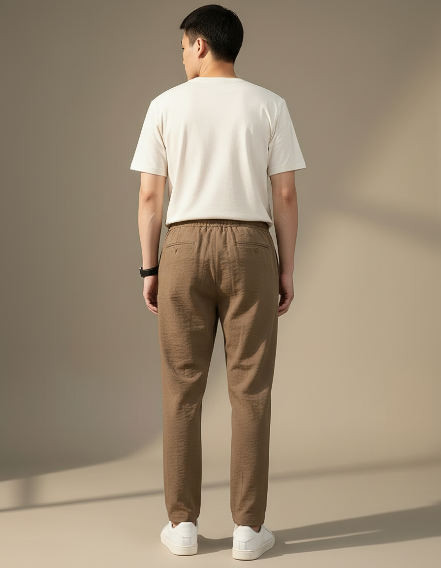 Pantalon Marron Lin Coton Ample Décontracté Léger Droit - vue 2