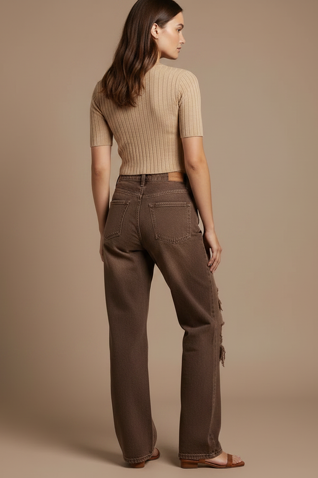 Pantalon Marron Déchiré Vintage Délavé Droit Femme - Jean - vue 2