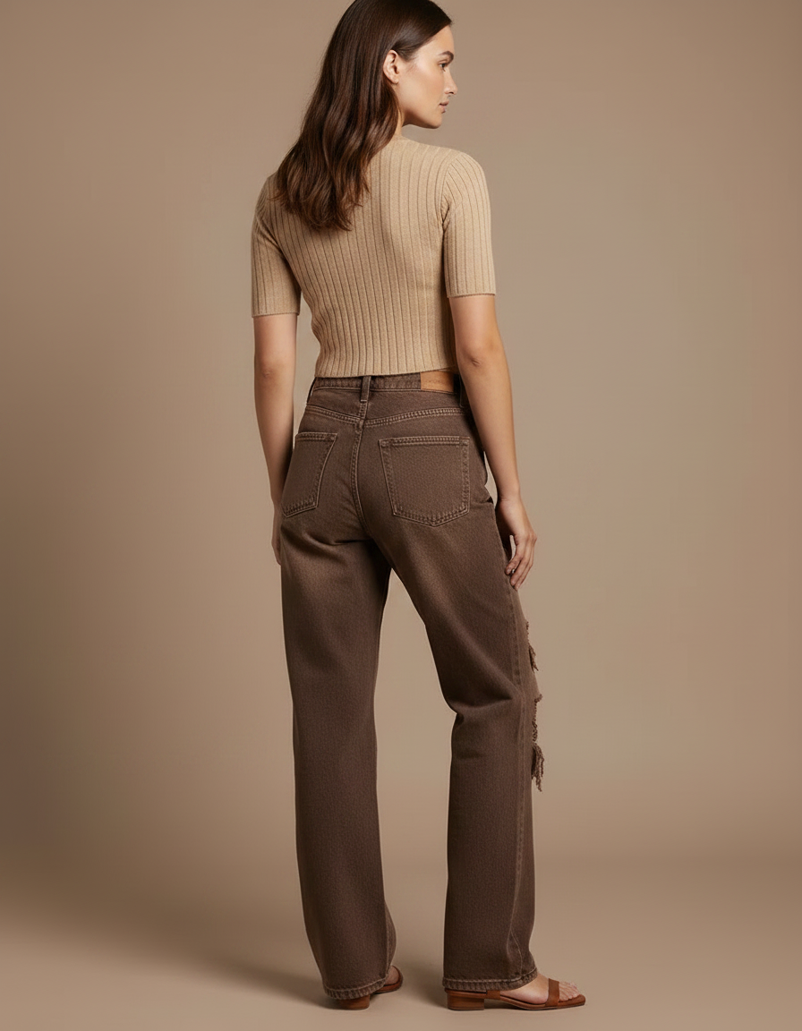 Pantalon Marron Déchiré Vintage Délavé Droit Femme - Jean - vue 2
