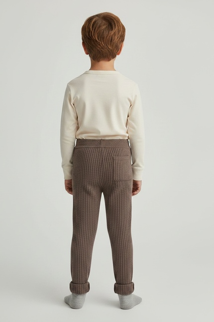 Pantalon Marron Côtelé Tricoté Confortable Décontracté Enfant - Maille - vue 2
