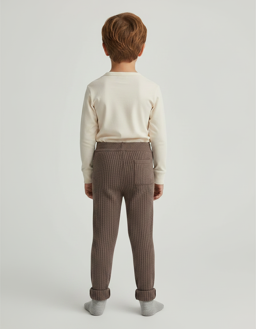 Pantalon Marron Côtelé Tricoté Confortable Décontracté Enfant - Maille - vue 2