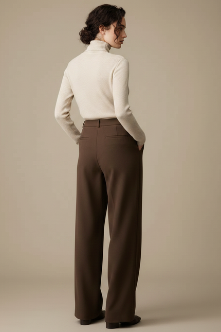 Pantalon Marron Ample Taille Haute Droit Élégant - Gabardine - vue 2