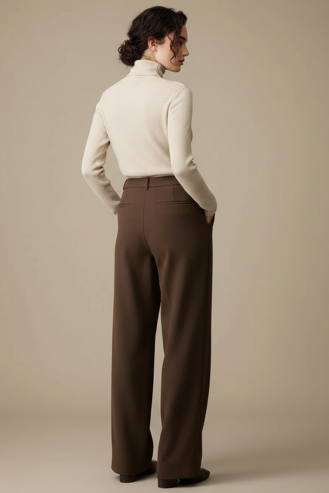 Pantalon Marron Ample Taille Haute Droit Élégant - Gabardine - vue 2