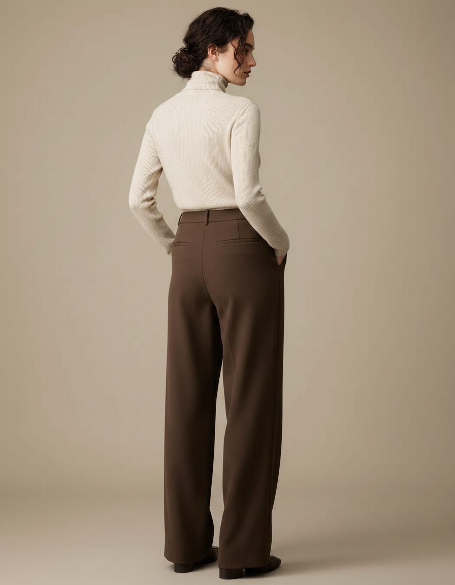Pantalon Marron Ample Taille Haute Droit Élégant - Gabardine - vue 2