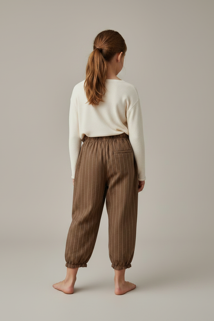 Pantalon Marron Ample Rayé Coton Enfant Confortable - Molleton - vue 2