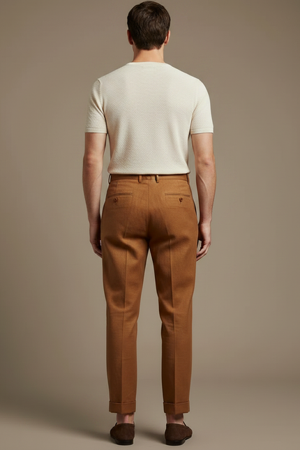 Pantalon Marron Lin Plissé Droit Élégant Homme - vue 2