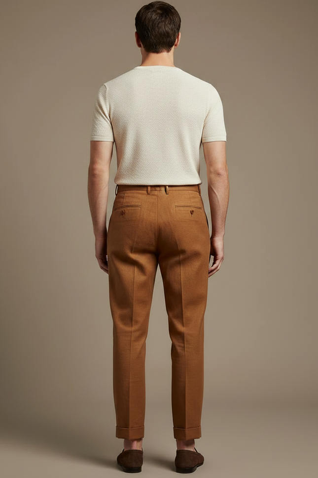 Pantalon Marron Lin Plissé Droit Élégant Homme - vue 2
