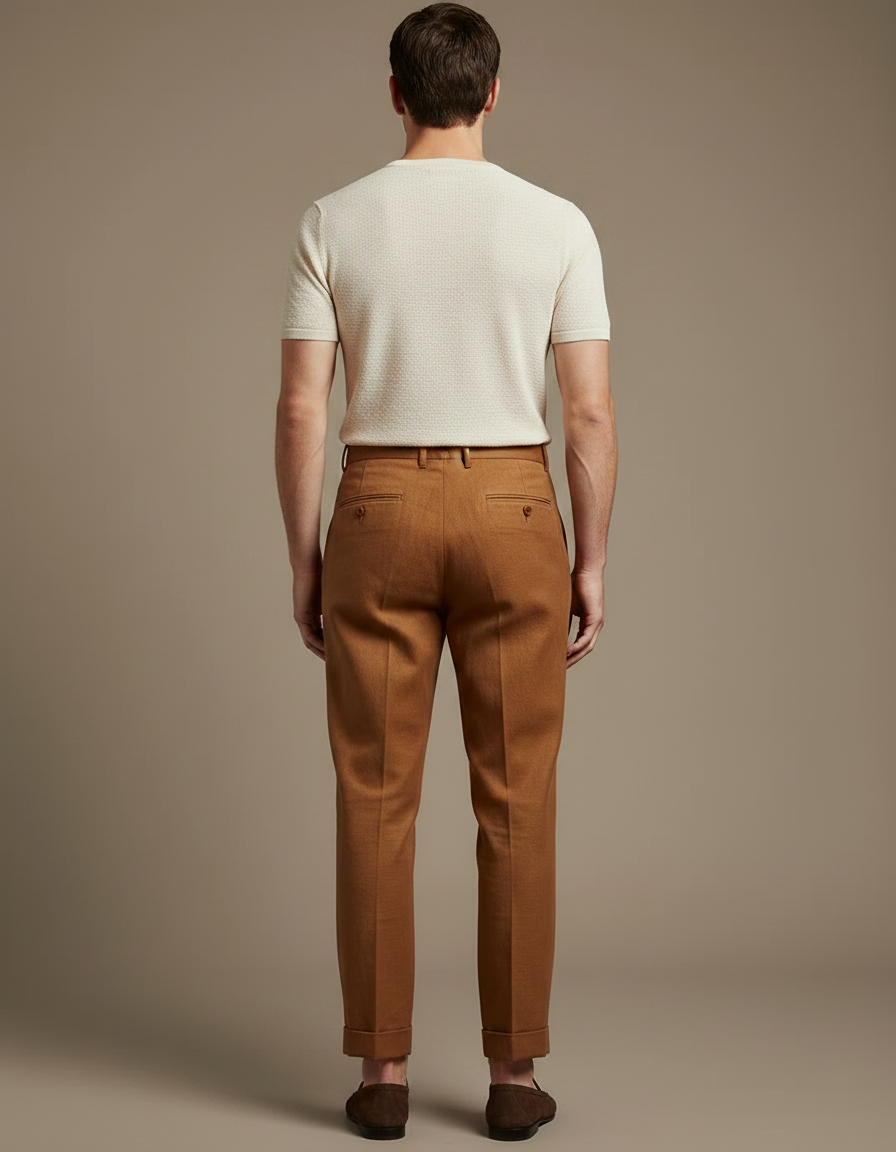 Pantalon Marron Lin Plissé Droit Élégant Homme - vue 2
