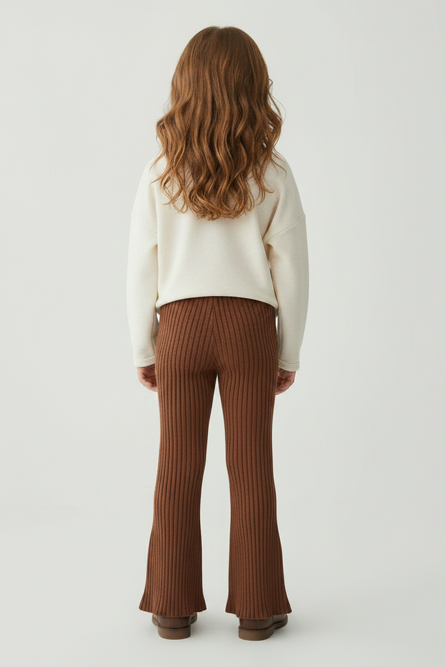 Pantalon Marron Côtelé Tricoté Évasé Fille Confortable - Maille - vue 2