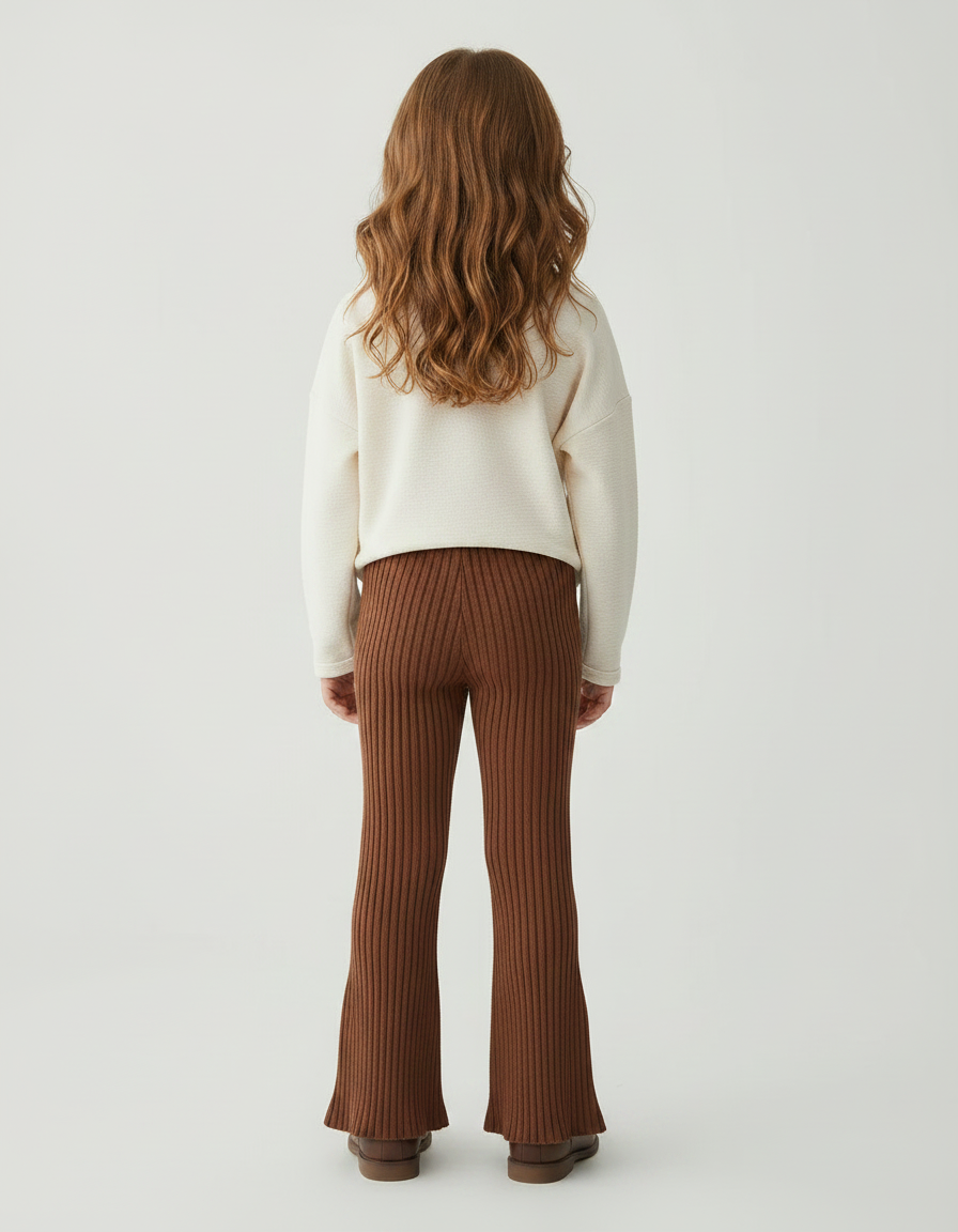 Pantalon Marron Côtelé Tricoté Évasé Fille Confortable - Maille - vue 2