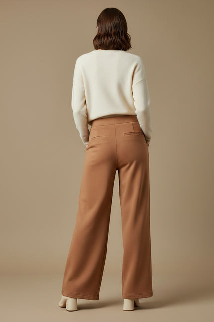 Pantalon Marron Ample Taille Haute Confortable Femme - Camel Molleton - vue 2