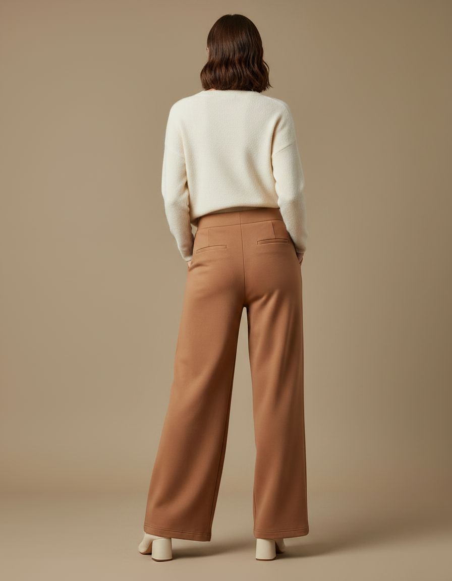 Pantalon Marron Ample Taille Haute Confortable Femme - Camel Molleton - vue 2