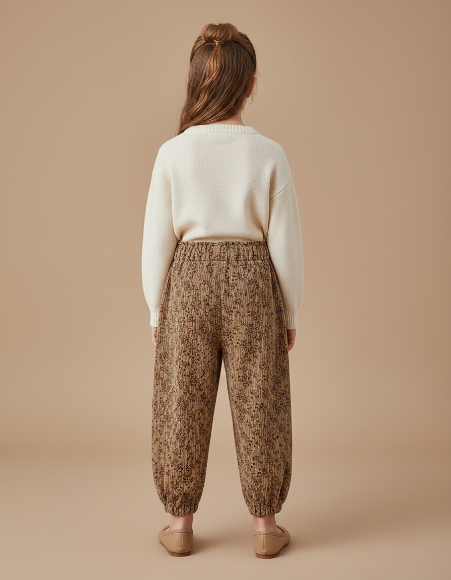 Pantalon Marron Côtelé Harem Imprimé Floral Enfant - Cordé - vue 2
