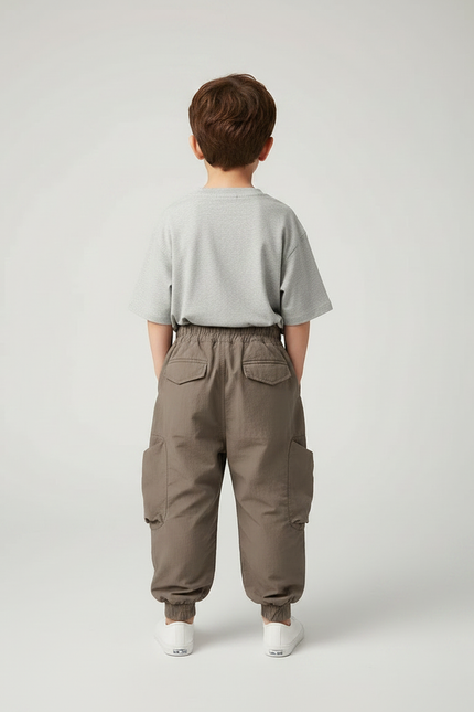 Pantalon Marron Cargo Ample Poches Élastique Enfant - Gabardine - vue 2