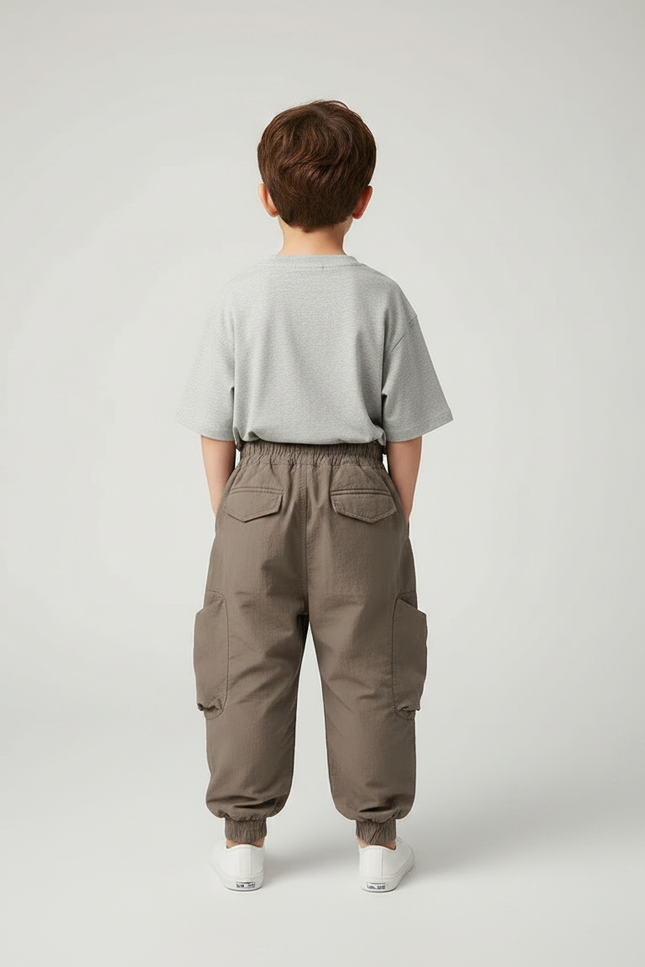 Pantalon Marron Cargo Ample Poches Élastique Enfant - Gabardine - vue 2
