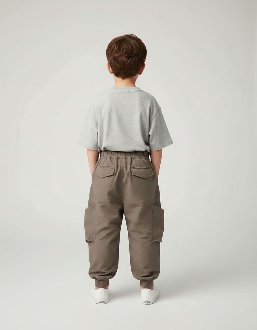Pantalon Marron Cargo Ample Poches Élastique Enfant - Gabardine - vue 2