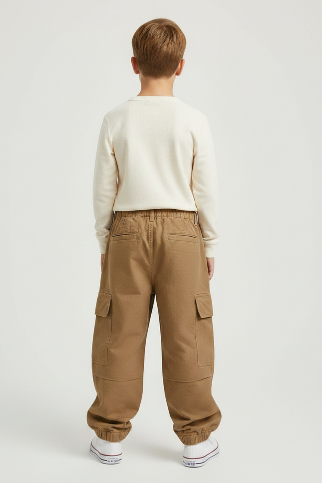 Pantalon Marron Cargo Ample Coton Élastiqué Garçon - vue 2