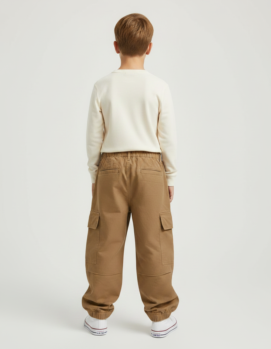 Pantalon Marron Cargo Ample Coton Élastiqué Garçon - vue 2