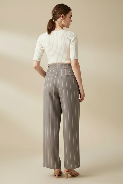Pantalon Marron Rayé Ample Taille Haute Décontracté - Laine - vue 2